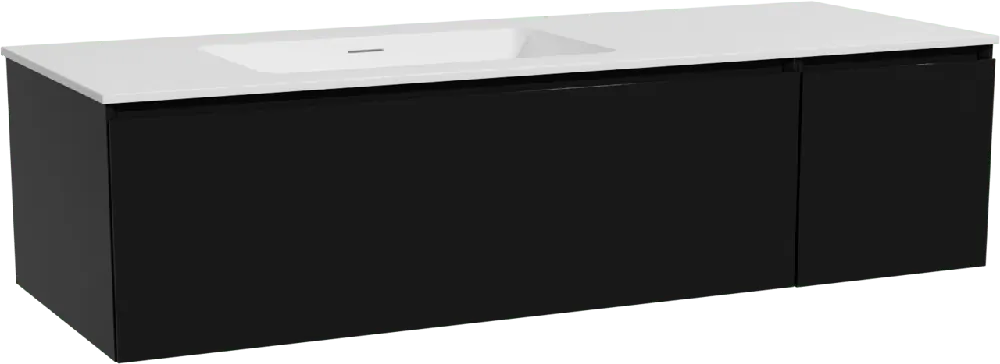Storke Edge meuble salle de bains suspendu 140 x 52 cm noir mat avec Mata plan vasque asymétrique à gauche en solid surface blanc mat