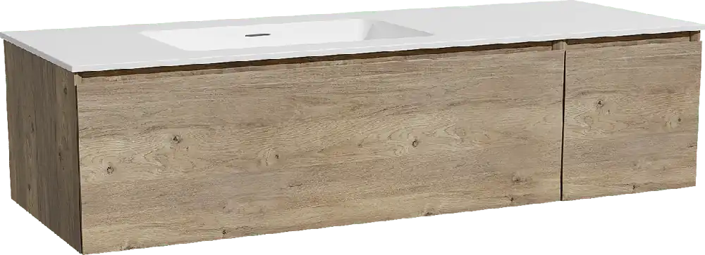Storke Edge meuble salle de bains suspendu 140 x 52 cm chêne brut avec Mata plan vasque asymétrique à gauche en solid surface blanc mat