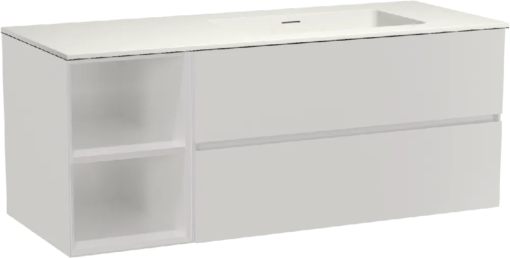 Storke Edge meuble salle de bains suspendu 130 x 52 cm blanc brillant avec Mata plan vasque asymétrique à droite en solid surface blanc mat