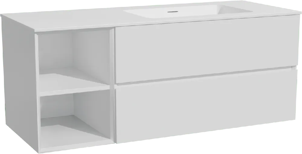 Storke Edge meuble salle de bains suspendu 130 x 52 cm blanc mat avec Mata plan vasque asymétrique à droite en solid surface blanc mat
