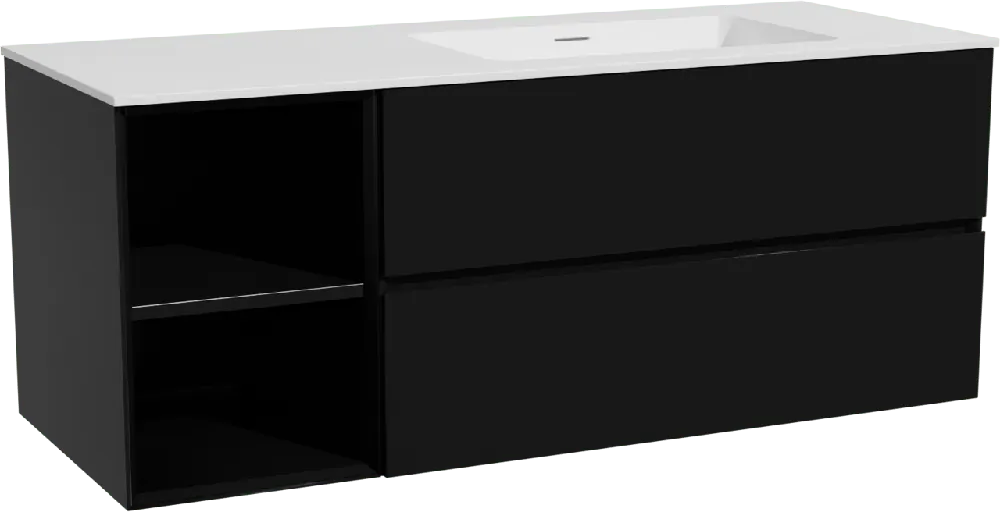 Storke Edge meuble salle de bains suspendu 130 x 52 cm noir mat avec Mata plan vasque asymétrique à droite en solid surface blanc mat