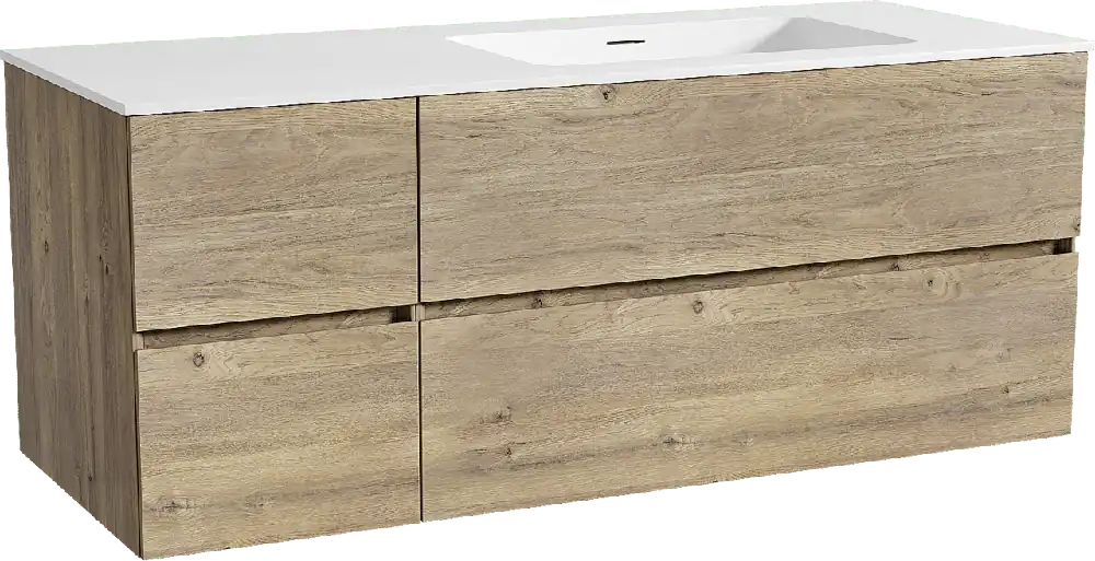 Storke Edge meuble salle de bains suspendu 130 x 52 cm chêne brut avec Mata plan vasque asymétrique à droite en solid surface blanc mat