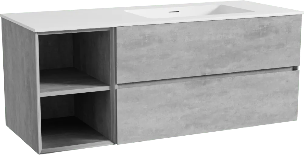 Storke Edge meuble salle de bains suspendu 130 x 52 cm béton gris foncé avec Mata plan vasque asymétrique à droite en solid surface blanc mat