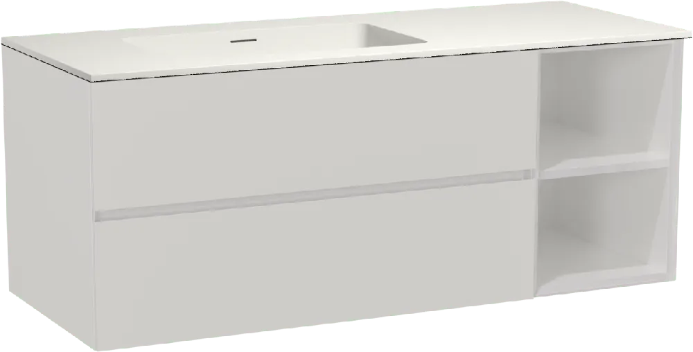 Storke Edge meuble salle de bains suspendu 130 x 52 cm blanc brillant avec Mata plan vasque asymétrique à gauche en solid surface blanc mat