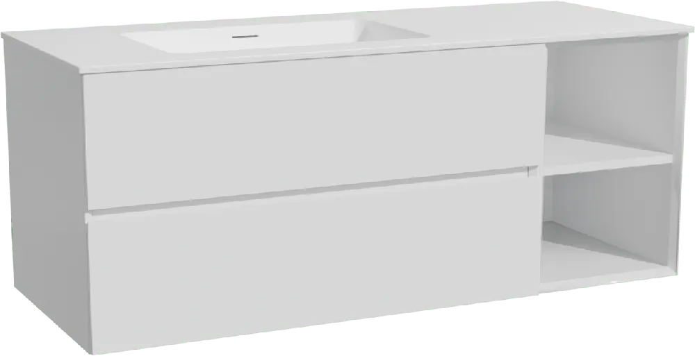 Storke Edge meuble salle de bains suspendu 130 x 52 cm blanc mat avec Mata plan vasque asymétrique à gauche en solid surface blanc mat