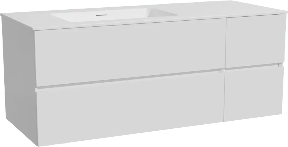 Storke Edge meuble salle de bains suspendu 130 x 52 cm blanc mat avec Mata plan vasque asymétrique à gauche en solid surface blanc mat