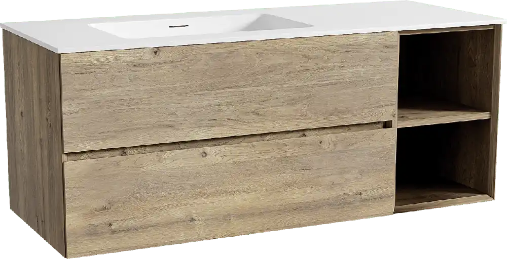 Storke Edge meuble salle de bains suspendu 130 x 52 cm chêne brut avec Mata plan vasque asymétrique à gauche en solid surface blanc mat