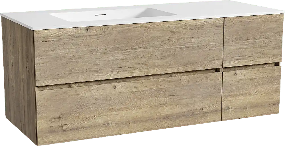 Storke Edge meuble salle de bains suspendu 130 x 52 cm chêne brut avec Mata plan vasque asymétrique à gauche en solid surface blanc mat
