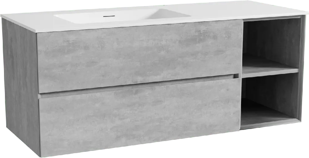 Storke Edge meuble salle de bains suspendu 130 x 52 cm béton gris foncé avec Mata plan vasque asymétrique à gauche en solid surface blanc mat