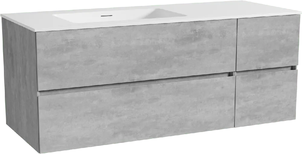 Storke Edge meuble salle de bains suspendu 130 x 52 cm béton gris foncé avec Mata plan vasque asymétrique à gauche en solid surface blanc mat
