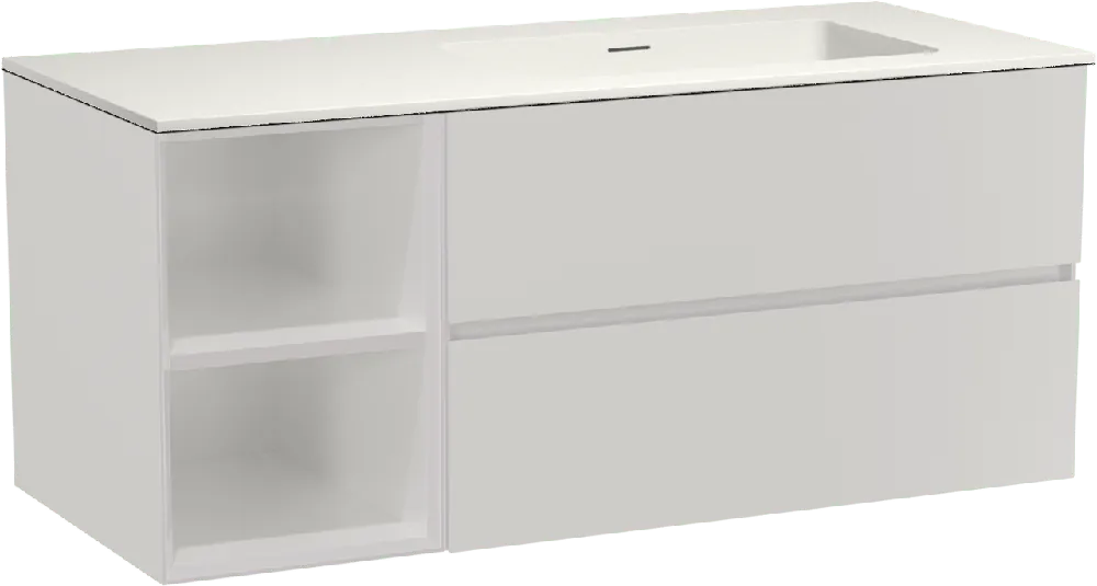 Storke Edge meuble salle de bains suspendu 120 x 52 cm blanc brillant avec Mata plan vasque asymétrique à droite en solid surface blanc mat