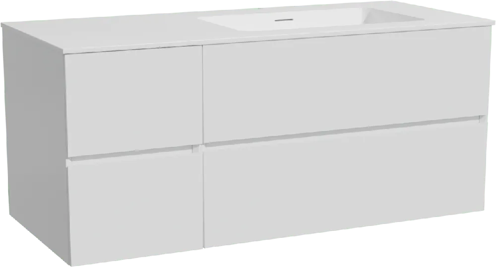 Storke Edge meuble salle de bains suspendu 120 x 52 cm blanc brillant avec Mata plan vasque asymétrique à droite en solid surface blanc mat