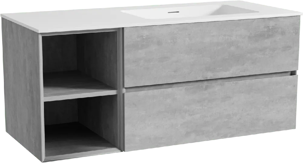 Storke Edge meuble salle de bains suspendu 120 x 52 cm béton gris foncé avec Mata plan vasque asymétrique à droite en solid surface blanc mat