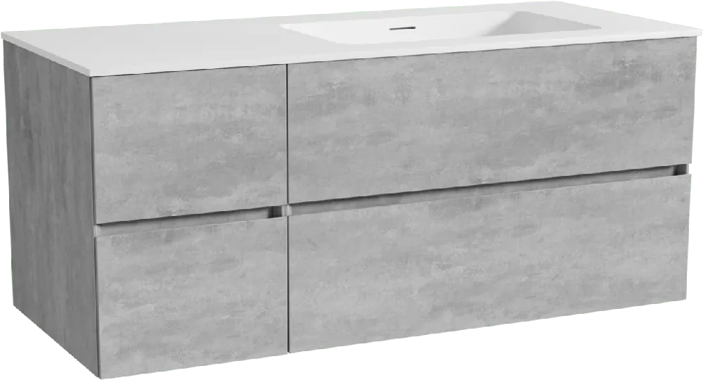 Storke Edge meuble salle de bains suspendu 120 x 52 cm béton gris foncé avec Mata plan vasque asymétrique à droite en solid surface blanc mat