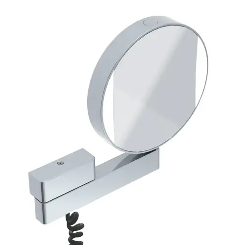Miroir de soins de beauté et de rasage à LED emco, réfléchissant des deux côtés, grossissement 3 et 7 fois, rond, éclairage à LED, bras articulé, câble spiralé et fiche.
