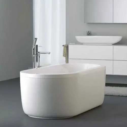 Baignoire Koralle T200 ovale autoportante avec tablier moulé, 1800x800mm, façade à débordement, avec cadre de pied intégré, blanc