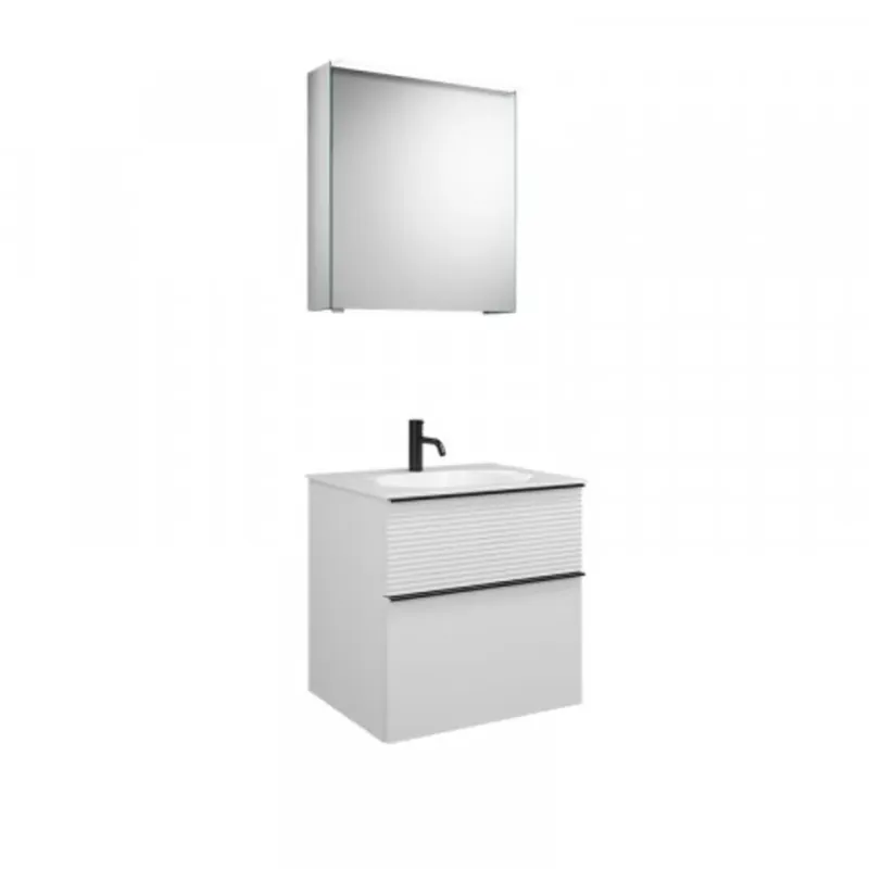 Ensemble burgbad Fiumo, SXFV062L, composé d‘une armoire de toilette, d‘un lavabo en fonte minérale et d‘un meuble sous-lavabo, avec façade plissée, largeur 620 mm.