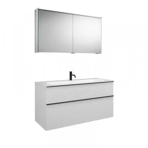 Ensemble burgbad Fiumo, SXFV102, composé d‘une armoire de toilette, d‘un lavabo en fonte minérale et d‘un meuble sous-lavabo, avec façade plissée, largeur 1220 mm.