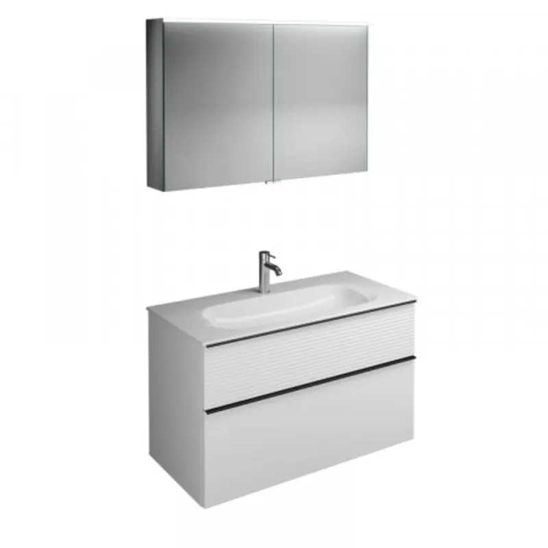 Ensemble burgbad Fiumo, SXFV102, composé d‘une armoire de toilette, d‘un lavabo en fonte minérale et d‘un meuble sous-lavabo, avec façade plissée, largeur 1020mm.
