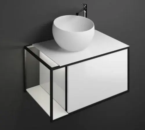 burgbad Junit lavabo en fonte minérale avec meuble sous-lavabo SFKR076, version droite, avec éclairage LED du meuble sous-lavabo, largeur 765mm