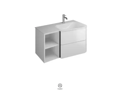 burgbad Badu lavabo en fonte minérale blanc velvet, meuble sous lavabos inclus, 2 tiroirs, 1 étagère ouverte, version droite, largeur 920mm
