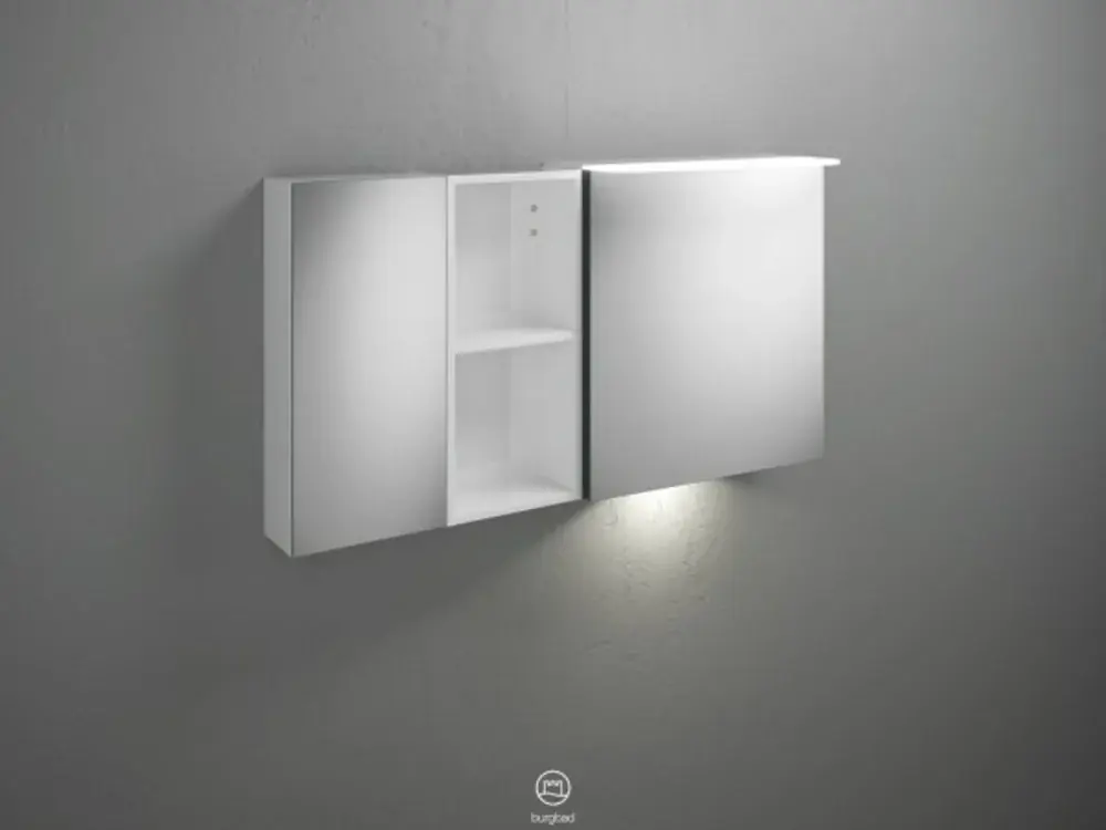 Armoire de toilette burgbad Badu avec éclairage LED horizontal à poser, 2 portes, 1 étagère ouverte, version droite, avec éclairage LED du lavabo, largeur 1200mm