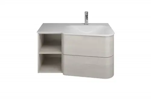 burgbad Badu lavabo en fonte minérale blanc brillant, meuble sous lavabo inclus, 2 tiroirs, 1 étagère ouverte, version gauche, largeur 920mm