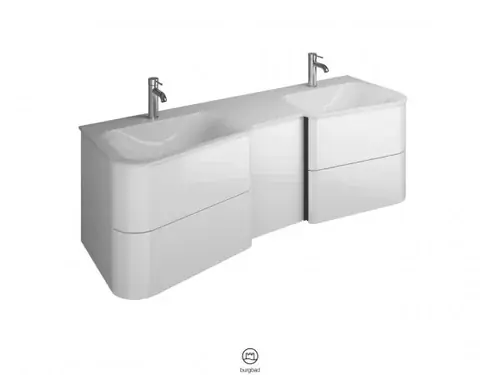 burgbad Badu double lavabo en fonte minérale blanc velvet, meuble sous lavabo inclus, 4 tiroirs, 1 porte butée gauche, largeur 1520mm