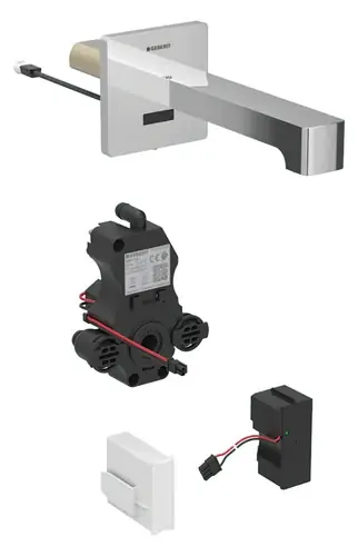 Robinetterie de lavabo Geberit Brenta, saillie 220mm, avec mélangeur, alimentation au réseau, pour boîtier de fonction encastré