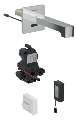 Robinetterie de lavabo Geberit Brenta, saillie 170mm, sans mélangeur, alimentation par pile, pour boîtier de fonction encastré