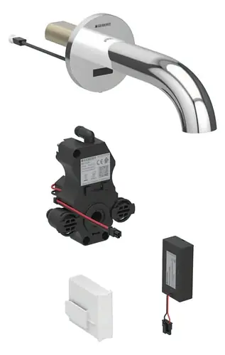 Robinetterie de lavabo Geberit Piave, saillie 170mm, avec mitigeur, alimentation par pile, pour boîtier de fonction encastré