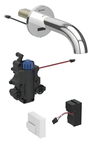 Robinetterie de lavabo Geberit Piave, saillie 220mm, avec mitigeur thermostatique, alimentation au réseau, pour boîtier de fonction encastré