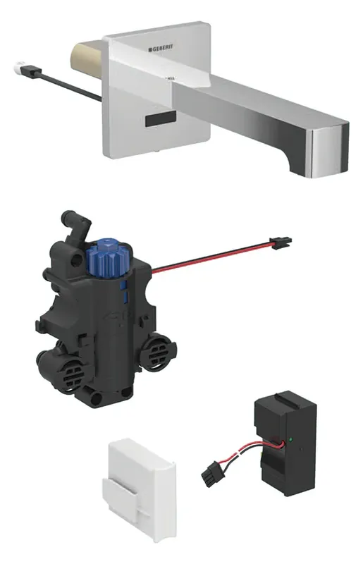 Robinetterie de lavabo Geberit Brenta, saillie 220mm, avec mitigeur thermostatique, alimentation au réseau, pour boîtier de fonction encastré