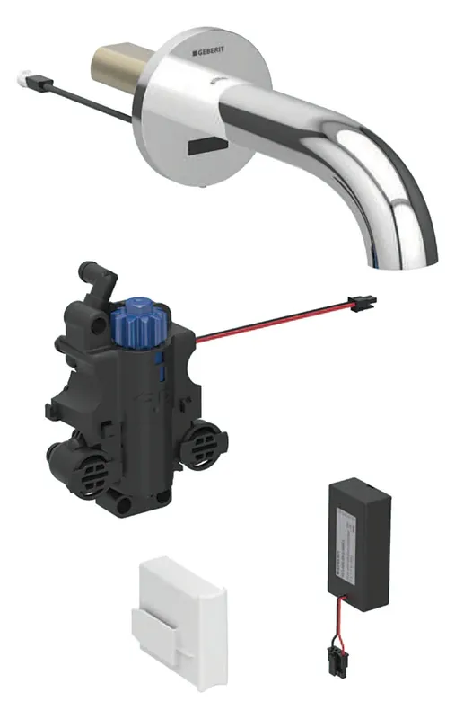 Robinetterie de lavabo Geberit Piave, saillie 170mm, avec mitigeur thermostatique, alimentation par pile, pour boîtier de fonction encastré
