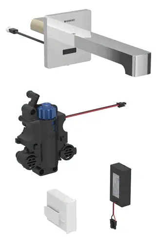 Robinetterie de lavabo Geberit Brenta, saillie 220mm, avec mitigeur thermostatique, alimentation par pile, pour boîtier de fonction encastré