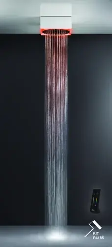 Gessi Afilo, système de douche encastré multifonctionnel 395x395 avec douche de tête ronde D355 à jet de pluie, avec effet de luminothérapie