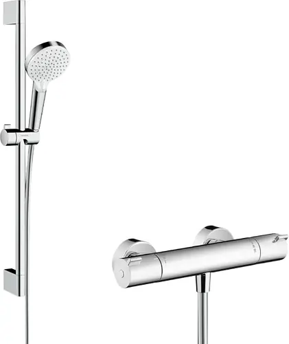 hansgrohe Système de douche Crometta Vario en saillie avec thermostat Ecostat 1001 CL et barre de douche 65 cm, blanc/chrome