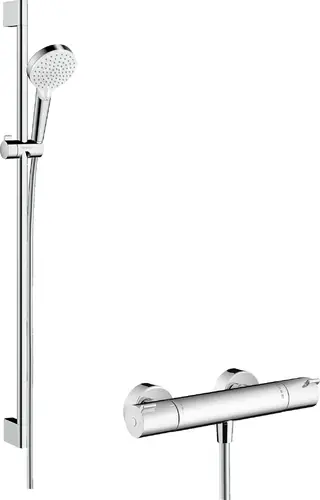 hansgrohe Système de douche Crometta Vario en saillie avec thermostat Ecostat 1001 CL et rail de douche 90 cm, blanc/chrome