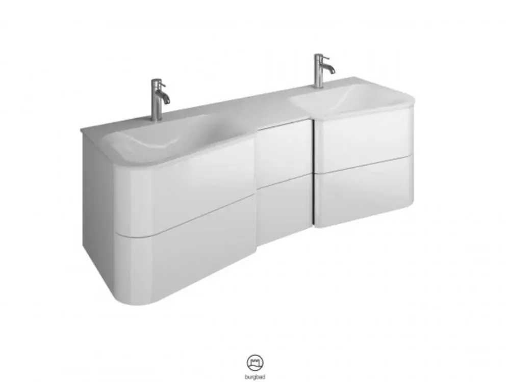 burgbad Badu double lavabo en fonte minérale blanc brillant, meuble sous lavabo inclus, 4 tiroirs coulissants, 2 tiroirs, largeur 1520mm