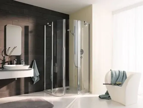 Cabine de douche quart de cercle en corail avec porte battante et panneau fixe - demi-partie myDay VPFS rayon 500 gauche 80 765-785x2000mm