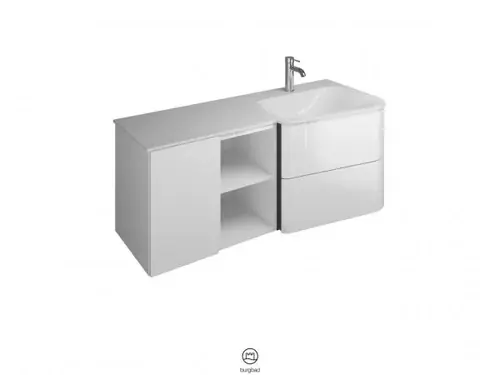 burgbad Badu lavabo en fonte minérale blanc brillant, inclus meuble sous lavabo, 2 tiroirs, 1 étagère ouverte, 1 porte, version gauche, largeur 1220mm