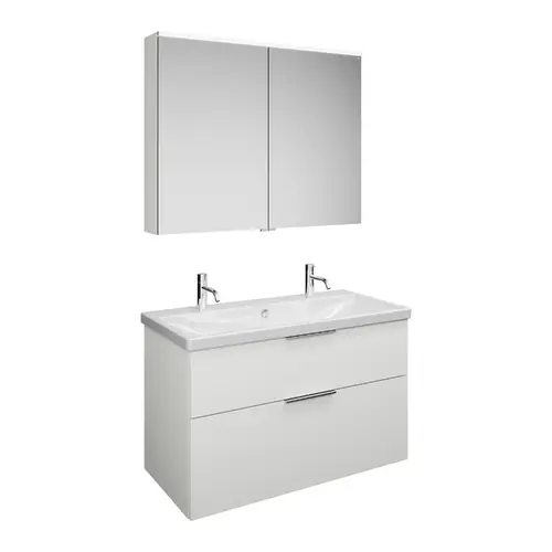 Set burgbad Eqio, composé d‘une armoire de toilette, d‘un lavabo en céramique avec 2 trous pour robinetterie et d‘un meuble sous-lavabo, largeur 1030mm