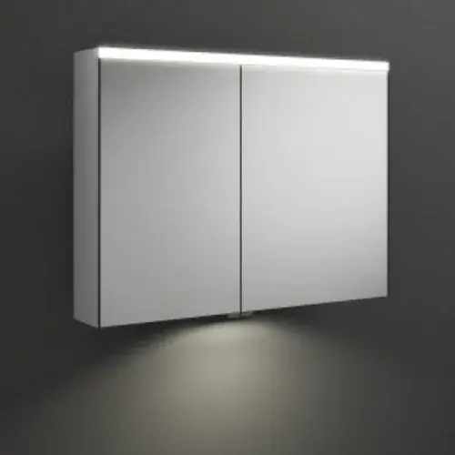 armoire de toilette burgbad Iveo avec éclairage LED horizontal, avec éclairage LED du lavabo, 2 portes, porte plus large charnière à gauche, largeur 908mm