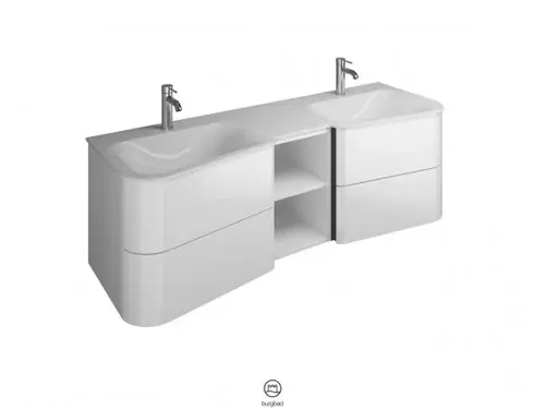 burgbad Badu double lavabo en fonte minérale blanc velvet, meuble sous lavabo inclus, 4 tiroirs, 1 étagère ouverte, largeur 1520mm