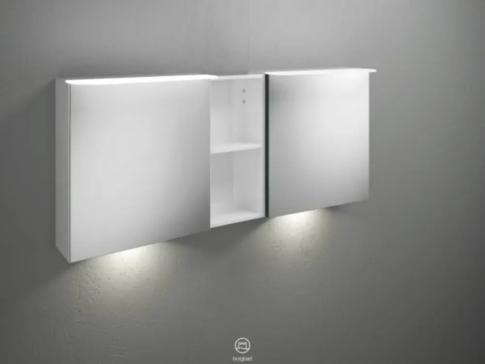 Armoire de toilette burgbad Badu avec éclairage LED horizontal à poser, 2 portes, 1 étagère ouverte, avec éclairage LED du lavabo, largeur 1500mm