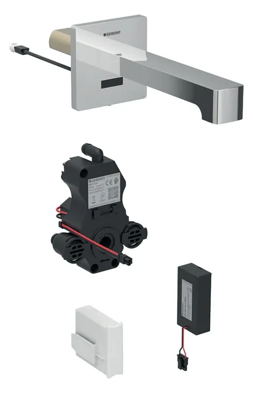 Robinetterie de lavabo Geberit Brenta, saillie 220mm, avec mélangeur, alimentation par pile, pour boîtier de fonction encastré