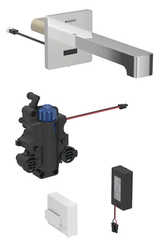 Robinetterie de lavabo Geberit Brenta, saillie 170mm, avec mitigeur thermostatique, alimentation par pile, pour boîtier de fonction encastré