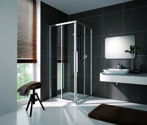 Douche d‘angle en corail porte coulissante en deux parties avec panneau fixe myDay ESF2 90/75 875-895x725-745x2000mm