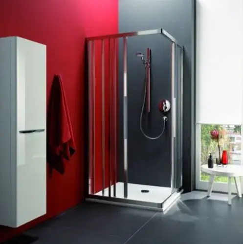 Douche d‘angle en corail porte coulissante en trois parties avec panneau fixe myDay ESF3 80/100 775-795x975-995x2000mm