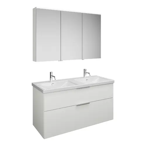 Set burgbad Eqio, composé d‘une armoire de toilette à droite, d‘un double lavabo en céramique et d‘un meuble sous lavabo, largeur 1230mm